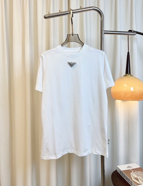 Prada Cotton T-Shirt with Rhinestone Logo, Versatile Appeal