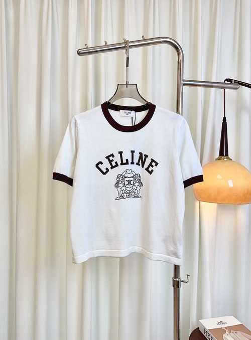 Celine Custom Knit Silk-cotton Color-blocked Short-sleeve Top with Logo, Classic