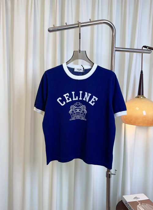 Celine Custom Knit Silk-cotton Color-blocked Short-sleeve Top with Logo, Classic
