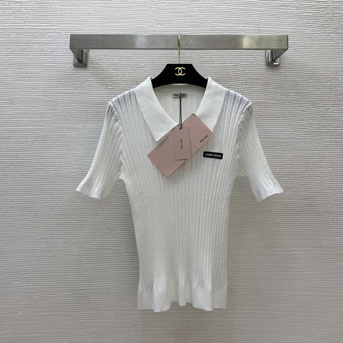 Miu Miu Timeless Short-sleeve Knit Top in Red, White & Navy