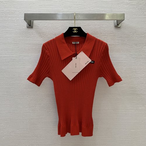 Miu Miu Classic Knit Top with Red, White & Navy Accents