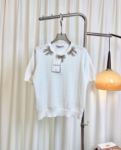 Valentino Custom-Woven Wool Top with Beaded Bow Insignia, Pristine White