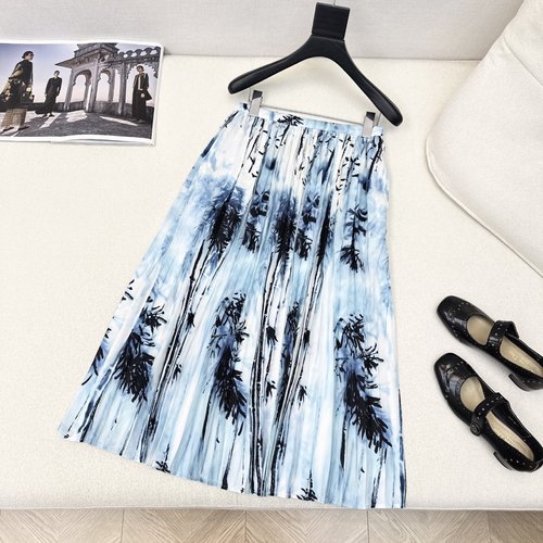 Dior Vacation-style Printed Denim Pleated Skirt with Logo