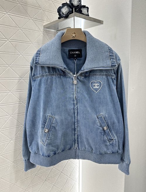 Chanel Denim Flight Jacket with Double C Heart and Coco Logo