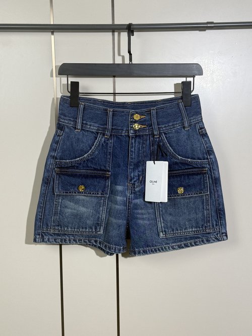 Celine Blue High-Waisted Belted Pocket Decorated Denim Shorts