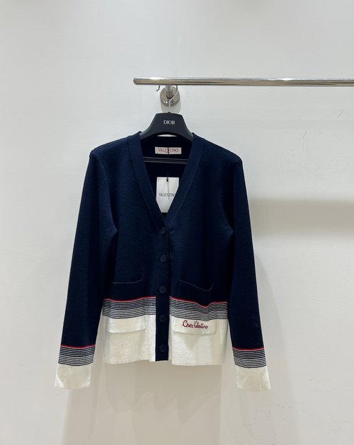 Valentino V-Neck Knit Cardigan with Embroidered Stripes, High-Quality