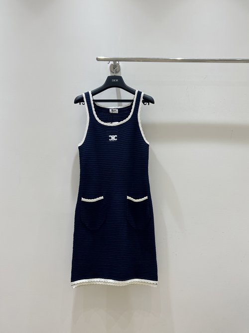 Celine Arch Lace Knit Sling Vest Dress with Pocket for Fashion