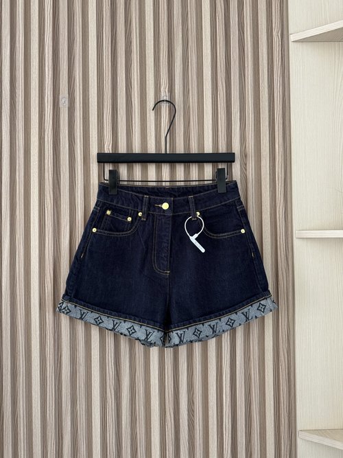 Louis Vuitton Vintage Blue Flower Letter Print Denim Shorts with Rolled Hem
