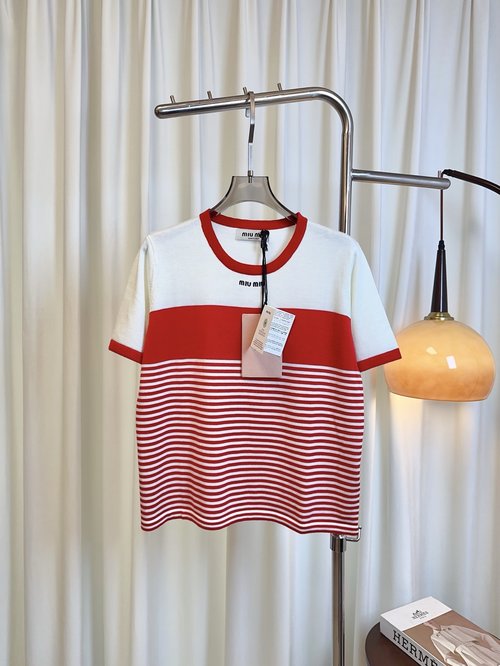 Miu Miu Custom-Woven Wool Top with Embroidered Insignia, Striped and Contrasting Design