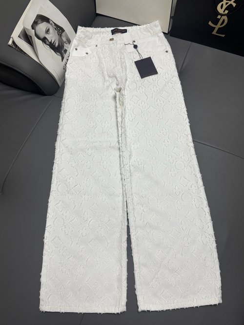 Louis Vuitton High-Waisted Wide-Leg White Jeans with Tassel Logo