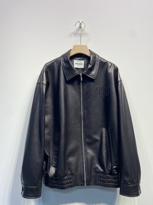 Miu Miu Sophisticated Collared Jacket with Brand Logo, Imported Sheepskin