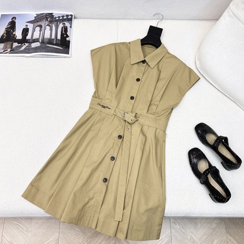 Dior Collarless Waisted Dress with Logo Embroidery