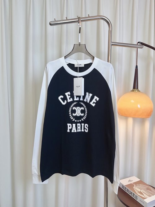 Celine Flocked Logo Raglan Long-Sleeved T-Shirt with Printed Logo