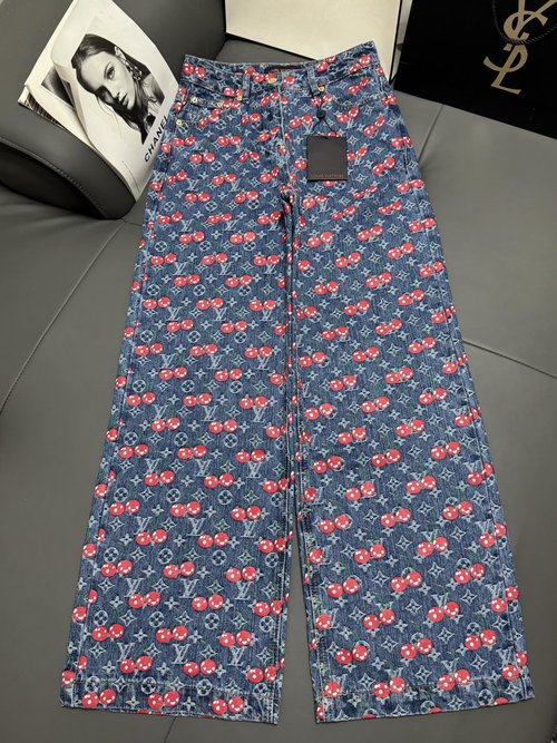 Louis Vuitton Cherry Print and Jacquard Letter Jeans, Fashionable