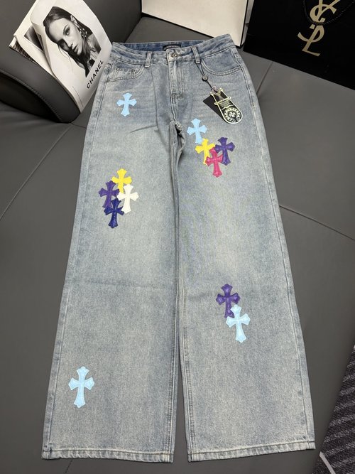 Chanel High-Waisted Wide-Leg Jeans with Colorful Leather Cross Embroideries
