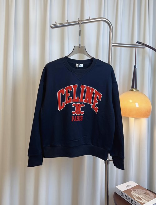 Celine Flocked Logo Hoodie with Drop-Shoulder Sleeves, Gray & Navy