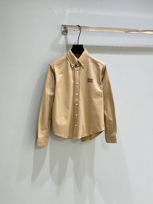 Miu Miu Denim Shirt Jacket with Patch Embroidery, Vintage and Elegant Style