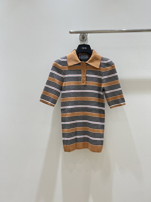Prada Caramel Stripe Knit Polo Shirt with Vintage Plaid