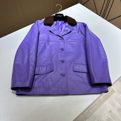 Gucci Genuine Leather Coat with Embroidered Collar and High - quality Hardware
