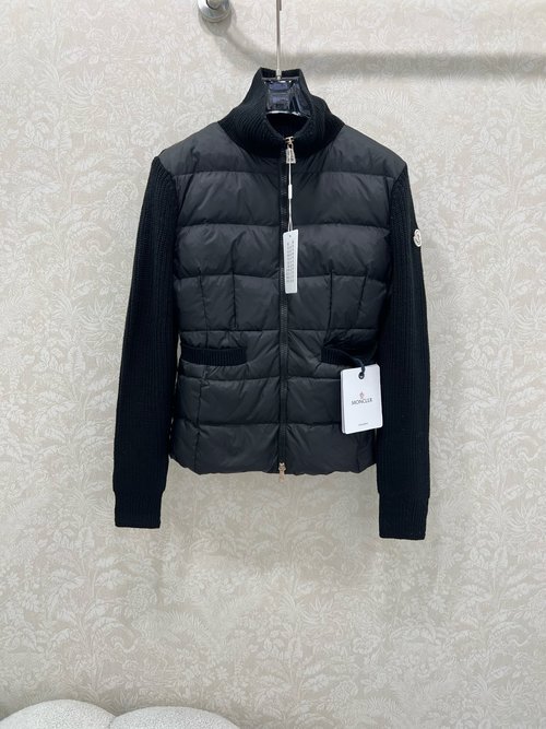Moncler Lightweight Structured Goose Down Jacket with Patchwork Knit Pockets & Wool Sleeves