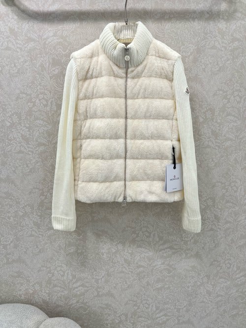 Moncler Stand Collar Wool Knit Fleece Down Quilted Short Jacket Hidden Pockets 90 Goose Down