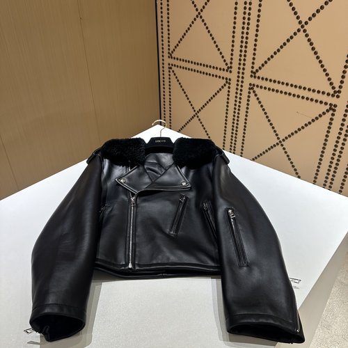 Loewe Stylish Single Leather Coat with Fur Collar and Imported Lambskin