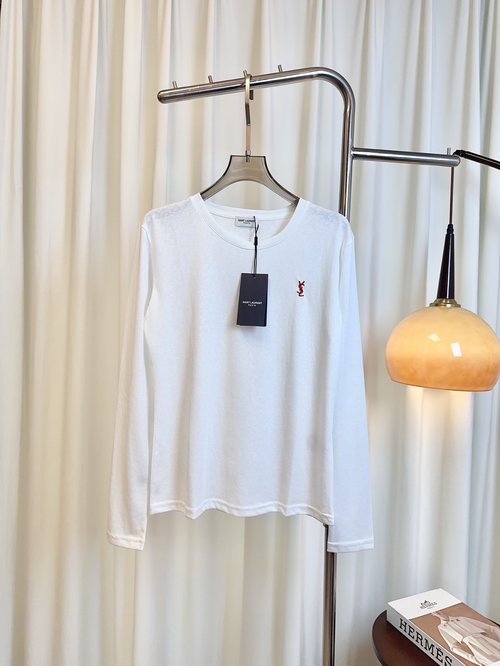 Yves Saint Laurent Embroidered Logo Long-Sleeved Cotton T-shirt, Soft and Breathable