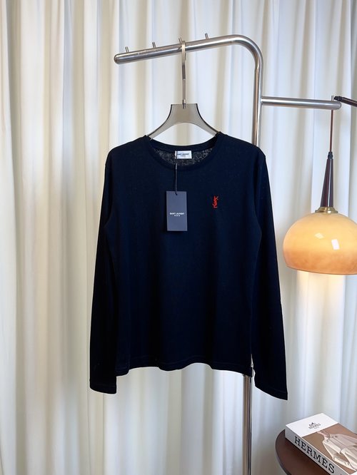 Yves Saint Laurent Embroidered Logo Long-Sleeved Cotton T-shirt, Soft and Breathable