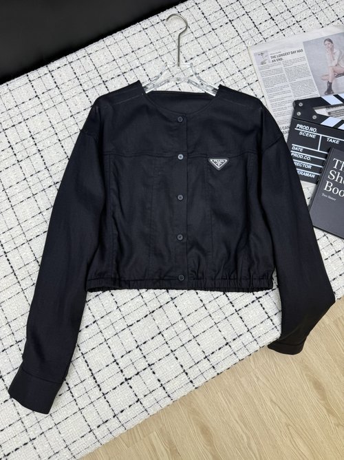 Prada Elegant Round Neck Light Linen Coat with Delicate Triangle Logo