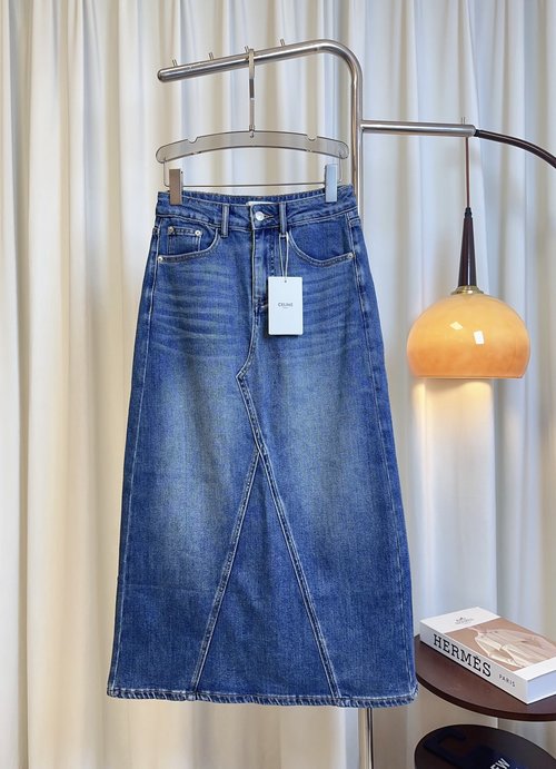 Celine Elegant Back-Slit Spliced Skirt in Custom Elastic Denim Cotton