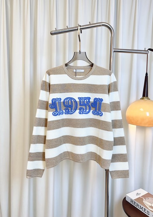 Max Mara Custom Knit Wool Top with Toothbrush Embroidery Logo in Khaki