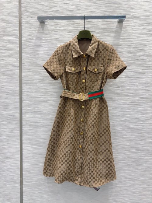 Gucci Refined Belted Jacquard Collared Dress with Double G Print