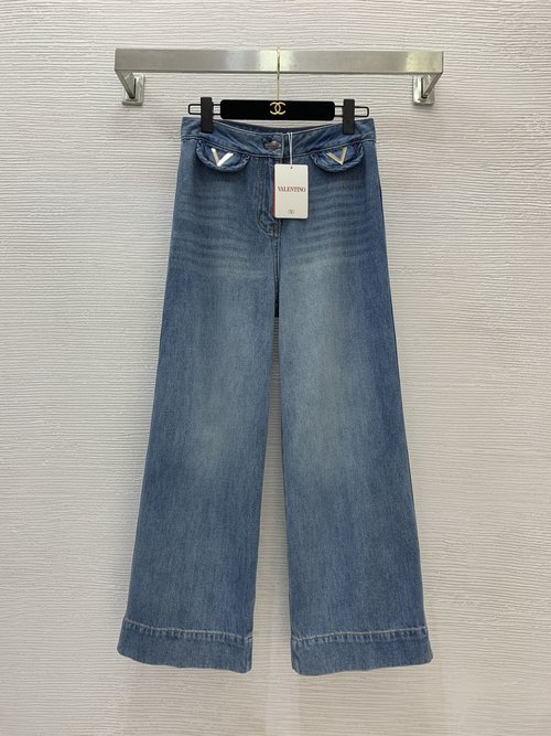 Valentino Light Blue Straight Wide-Leg Jeans with V-Shaped Metal Trim