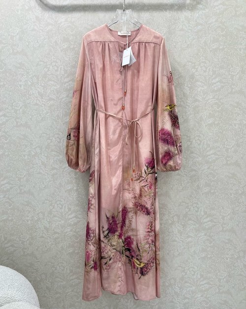 Loro Piana Mixed Fabric Digital Print Maxi Dress with V-Neck and Tied Waist