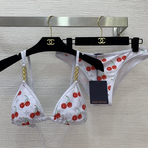 Louis Vuitton Cherry Print Bikini Set with Gold Accessories for Beach