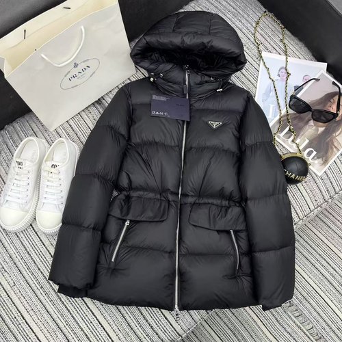 Prada Exclusive Custom Luxury White Goose Down Hooded Coat with Drawstring Waist