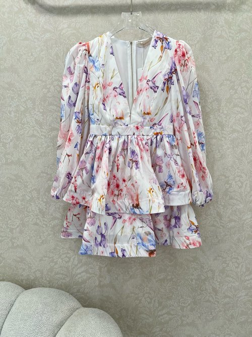 Zimmermann Flower Print Dress with V-neck, Lantern Sleeves and Ruffled Waist