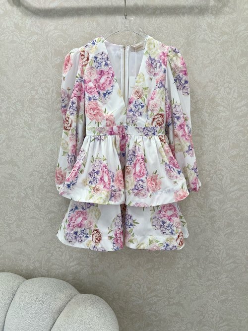 Zimmermann Flower Print Dress with V-neck, Lantern Sleeves and Ruffled Waist