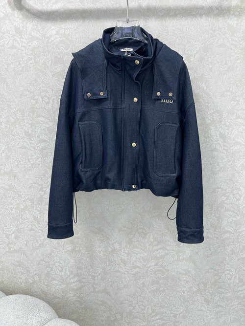 Miu Miu Logo Embroidery Denim Jacket with Vintage Enzyme Wash and Loose Fit
