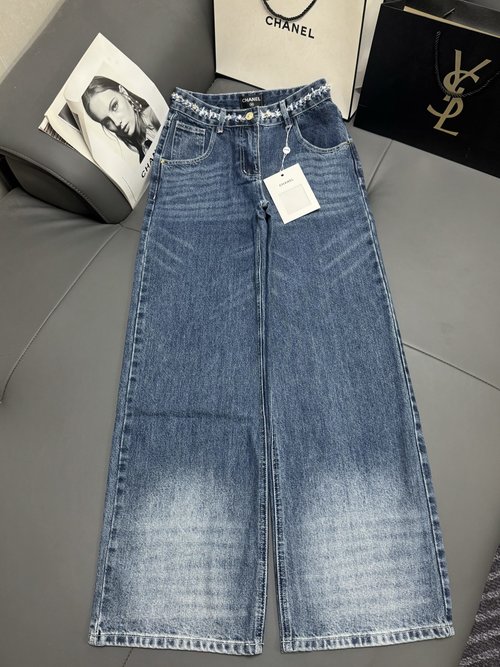 Chanel Luxury Woven Belt Wide Leg Jeans, Heavy-Duty Straight Cut