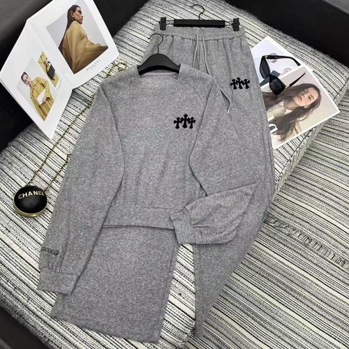 Chrome Hearts Recommended Cro Series Flocked Cross Embroidery Hoodie with Wide-leg Pants Set