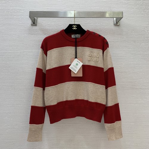 Miu Miu Luxury Cashmere Striped Logo Long-Sleeve Sweater