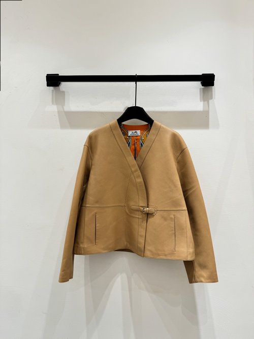 Hermes Classic Leather Buckle V - Neck Blazer with Spanish Imported Goatskin