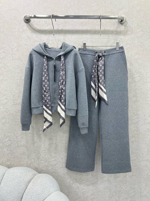 Louis Vuitton Old Flower Silk Scarf Set with Hoodie and Wide-Leg Pants Combination