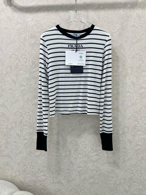 Prada Striped Turtleneck Top with Logo Decoration and Elastic Fabric