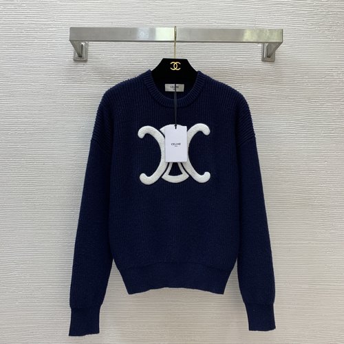 Celine Navy Blue Premium Wool Sweater with Logo Embroidery