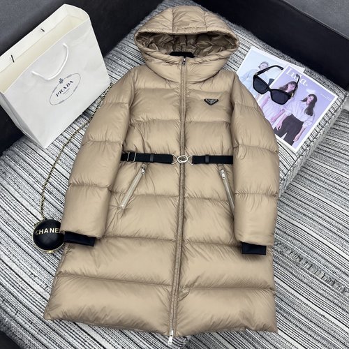 Prada Exclusive Hooded Mid-length Down Jacket with Logo