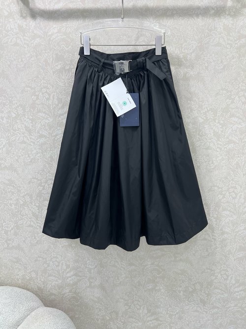 Prada Silver Buckle Belt Nylon Umbrella Skirt with Asymmetric Hem