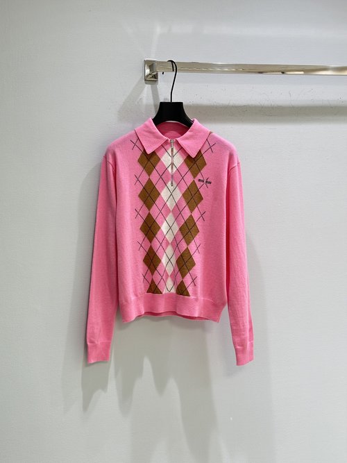 Miu Miu Soft Half - Zip Cashmere Polo Sweater with Diamond Pattern