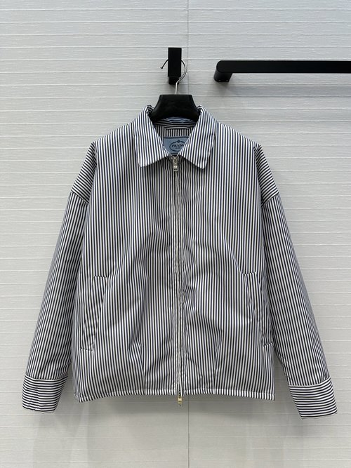 Prada Essential Striped Cotton Jacket with Pleated Detail